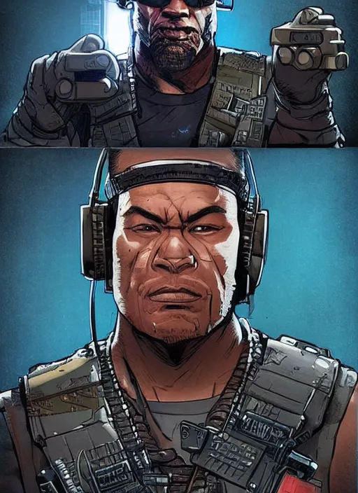 Image similar to Dangerous Tojo. buff Samoan cyberpunk mercenary wearing a cyberpunk tactical headset and military vest. AR-15. square face. Realistic Proportions. Concept art by James Gurney and Laurie Greasley. Moody Industrial skyline. ArtstationHQ. Creative character design for cyberpunk 2077.