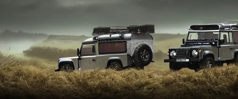 Image similar to Land Rover Defender 110 (1985), an epic fantasy, dramatic lighting, cinematic, establishing shot, extremely high detail, photorealistic, cinematic lighting, artstation, by simon stalenhag, The Elder Scrolls III: Morrowind, the Nerevarine drives across Morrowind, strange flora, strange fauna, Bull Netch floating around, Morrowind fauna prominent across the landscape