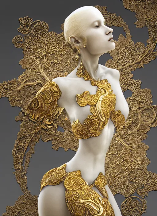 Prompt: marble sculpture of beautiful woman, mandelbulb, hypercube, palladium veins, liquid gold, ivory carving, fractal paisley inlay, lace, intricate, elegant, highly detailed, gold inlay, metallic, ivory, artgerm, lace, by ruan jia, greg rutkowski, mucha, zbrush, nick alm