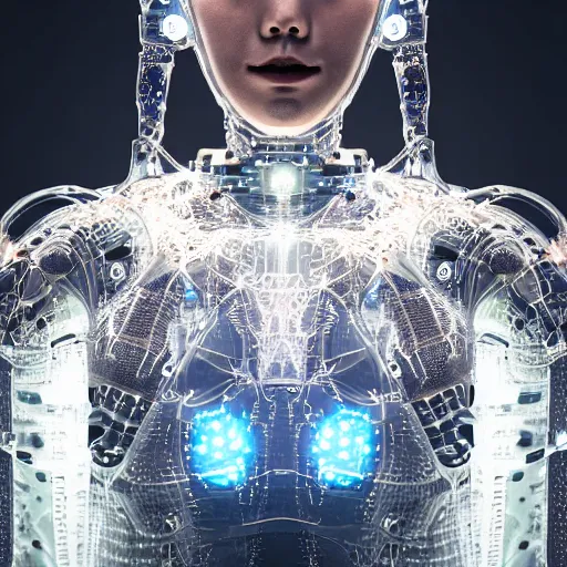 Prompt: beautiful centered fine art photo portrait of hoyeon jung as a solarpunk robotic humanoid treading on water, white mechanical parts with led lights, ultra - detailed and intricate, sun lighting, soft focus, slow exposure hdr 8 k