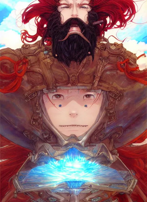 Prompt: prompt : ragnarok online portrait soft light painted by james jean and katsuhiro otomo and erik jones, inspired by akira anime, epic fantasy, a long red haired, red bearded male sky - pirate smirking whilst standing in front of an airship, intricate oil painting, high detail illustration, sharp high detail, manga and anime 1 9 9 9