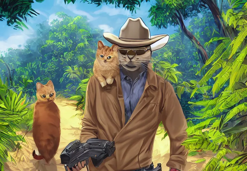 Prompt: a cat wearing a cowboy hat and yellow raincoat and aviator sunglasses carrying an ak 4 7 through the jungle by aenami, alena and bluth, don