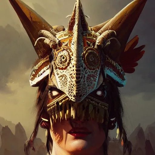 Prompt: triceratops, aztec headdress, greg rutkowski, digital illustration, concept art, dnd, face, fantasy, intricate, elegant, highly detailed, digital painting, artstation