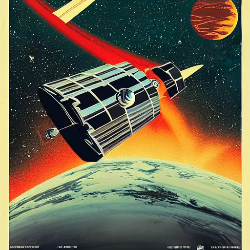 Image similar to “retro sci fi poster depicting a space station in orbit. In the style of stoner rock album.”