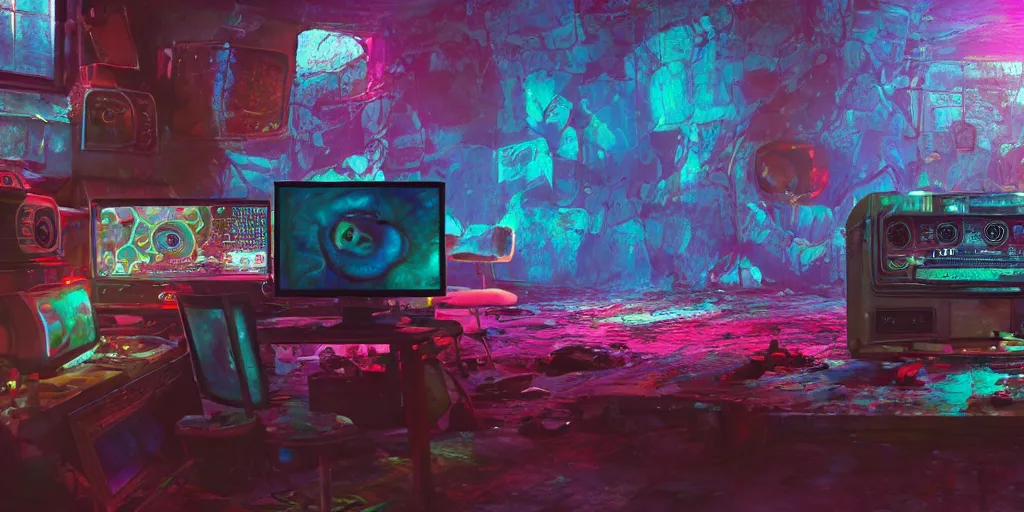 Prompt: A realistic painting of a vintage computer, with psychedelic mushroom art on the screen, in a post apocalyptic setting, unreal 5, DAZ, hyperrealistic, octane render, RPG portrait, dynamic lighting,