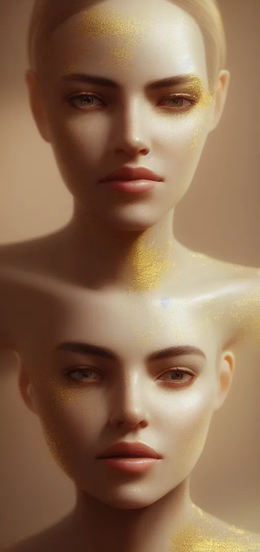 Prompt: beautiful woman, centered painted portret, golden white atmosphere, insanely mystical, hyper realistic, extremely detailed, concept art, trending on artstation, atmospheric, 8 k, octane render, unreal engine