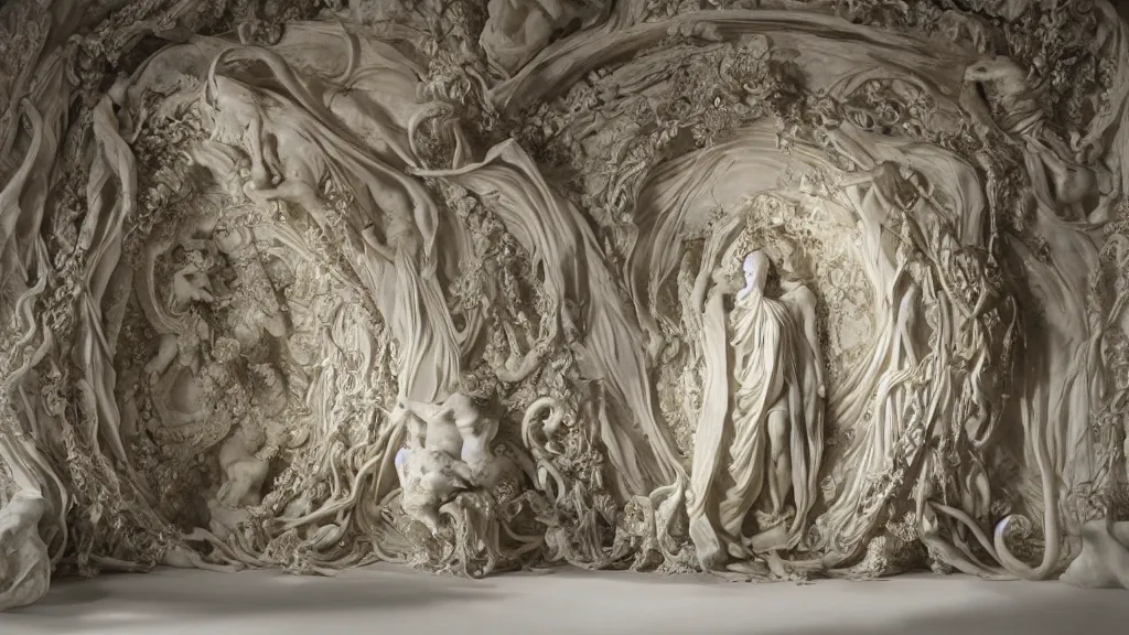 Image similar to an epic sculpture made of marble and ivory, the portal of infinite sadness, by gustave dore, by emil melmoth, by alphonse mucha, hell, sculpture standing on in a large studio space, monumental, epic, rococo, generative, detailed, intricate, volumetric lighting, realistic, octane render, in frame, 2 0 % pearlescent detailing