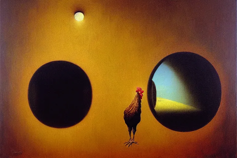 Prompt: a chicken trapped inside a mirror, beksinski, oil painting