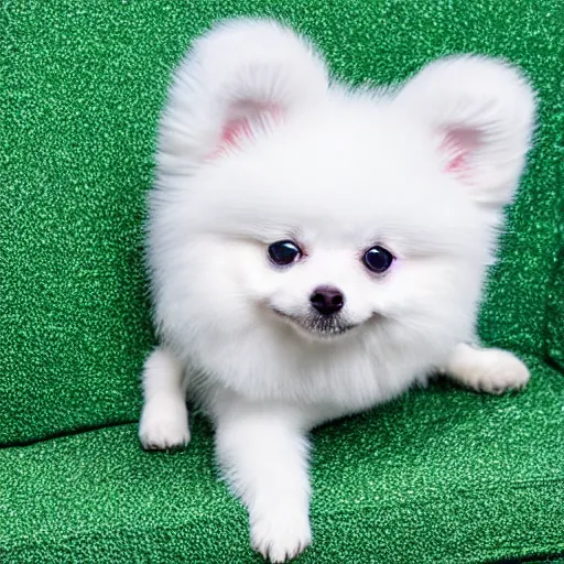 Prompt: a small white fluffy pomeranian chihuahua dog on a green velvet sofa, photorealistic, hyper detailed, rich and vibrant colors, focused, 8k, award winning masterpiece, photograph of the year