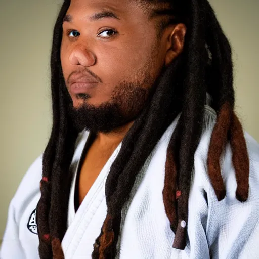 Image similar to photo of chubby black bjj athlete with long dreads posing, serious face, white belt