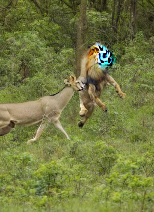 Image similar to lion hunting a deer in the jungle