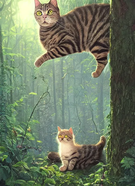 Image similar to a hyper realistic illustrated cat with happy lighting playing in the woods gorgeous lighting, sunbeams blue sky, lush forest foliage painting by chiara bautista and beksinski and norman rockwell and greg rutkowski weta studio, and lucasfilm