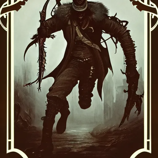 Prompt: an ultra detailed vector image of the hunter from bloodborne fighting a big daddy, concept art by alphonse mucha and greg rutkowski, scary shadows, blood moon eclipse, polaroid octane render, laminal space