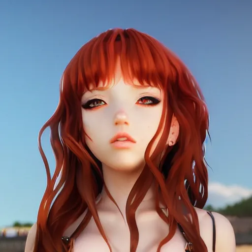 Prompt: black widow as a render of a very beautiful 3d anime girl, long hair, hazel eyes, cute freckles, full round face, short smile, cute sundress, golden hour, serene beach setting, medium shot, mid-shot, highly detailed, trending on Artstation, Unreal Engine 4k