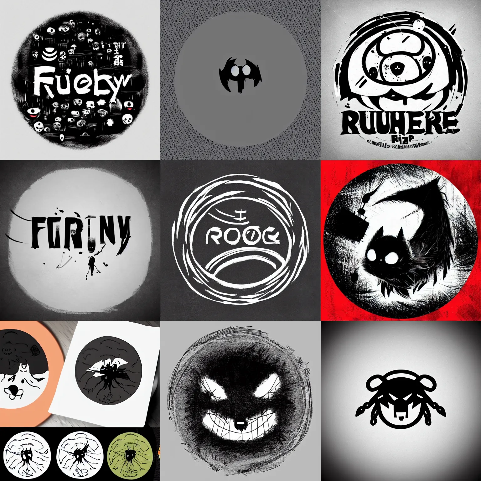 Prompt: logo design of a cute friendly fuzzy round shape :: in the style of tsutomu nihei dark cinematic moody scary