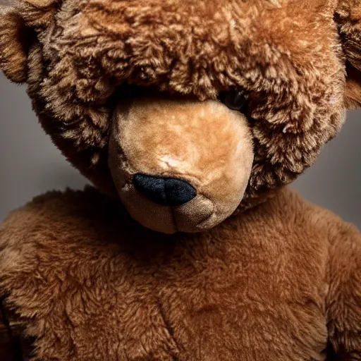 Image similar to ( ( ( ( the face of kanye west ) ) ) ) wearing teddy bear costume at 4 2 years old, portrait by julia cameron, chiaroscuro lighting, shallow depth of field, 8 0 mm, f 1. 8