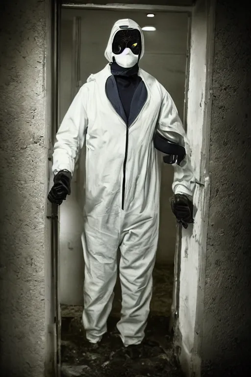 Prompt: .dalle gentleman in nuclear protective clothing with mask in the midst of the debasement. realistic, very realistic cinematographic, photo, photorealistic