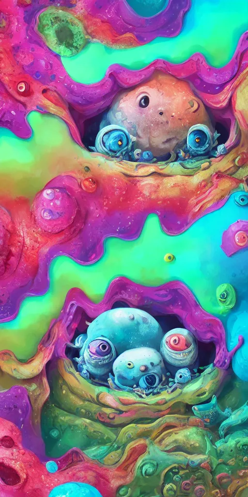 Image similar to of a colorful deep sea crater with strange cute blobby happy creatures with huge eyes, mouth, long tongue and round teeth appearing from smokey background, in the style of gehry and gaudi, macro lens, shallow depth of field, ultra detailed, digital painting, trending artstation, concept art, illustration, cinematic lighting, photorealism, epic, octane render