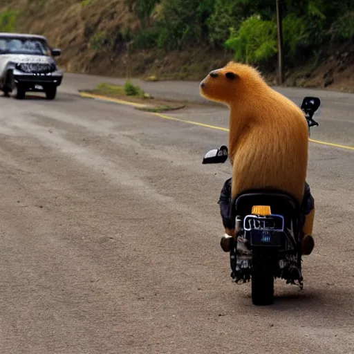Prompt: a capybara driving a motorcycle