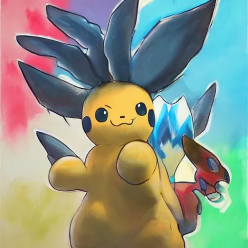 Prompt: A painting of an invented pokemon, Trending on artstation.