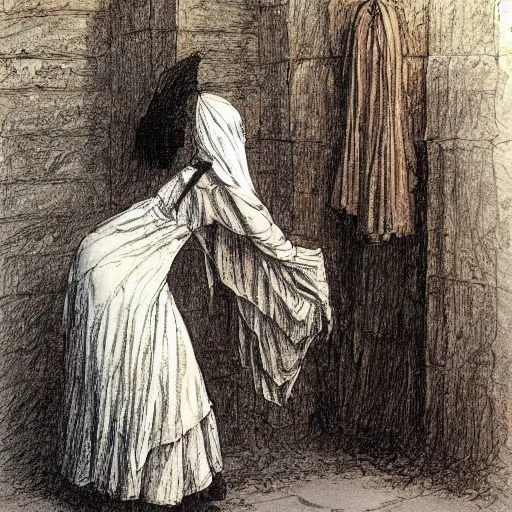 Prompt: a mummy in victorian clothes and a top, graphic novel style by alan lee and john howe