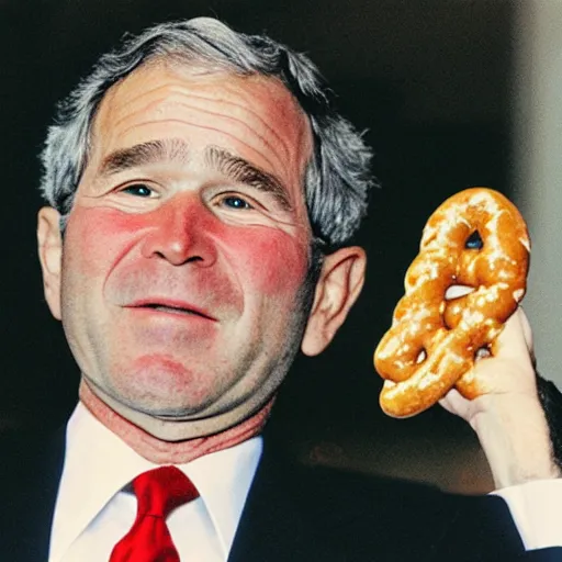 Image similar to George W. Bush holding a pretzel and contemplating mortality. CineStill.