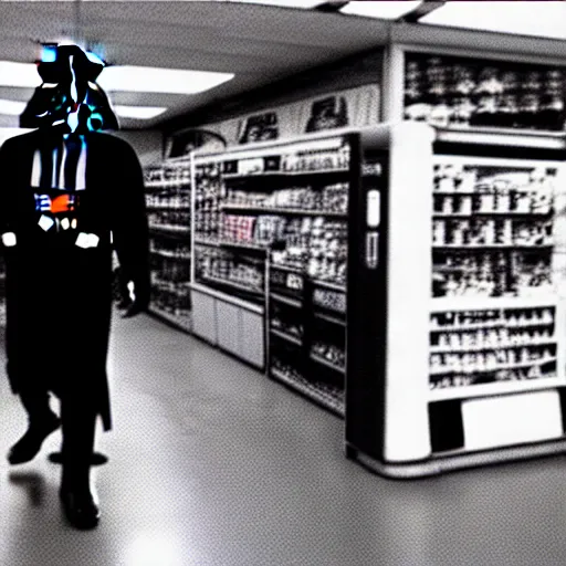 Image similar to security camera footage of darth vader shopping in an convenience store, filmic, cinematographic