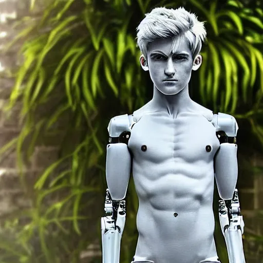 Image similar to “a realistic detailed photo of a guy who is an attractive humanoid who is half robot and half humanoid, who is a male android, twitch streamer Ninja Tyler Blevins, shiny skin, posing like a statue, blank stare, by the pool as a pool boy , display”