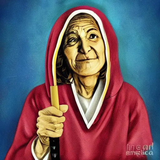 Image similar to a babushka hits a gong with a drumstick that looks like a cigarette, digital art