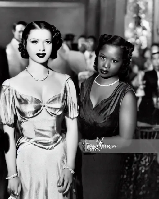 Prompt: the image is a lost hollywood film still 1 9 4 0 s photograph of a black woman with ebony skin, long hair, and silver - colored eyes attending a wedding banquet. vibrant cinematography, anamorphic lenses, crisp, detailed image in 4 k resolution.