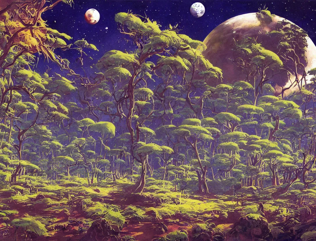 Image similar to a lush alien forest on a moon orbiting a gas giant!! by robert mccall