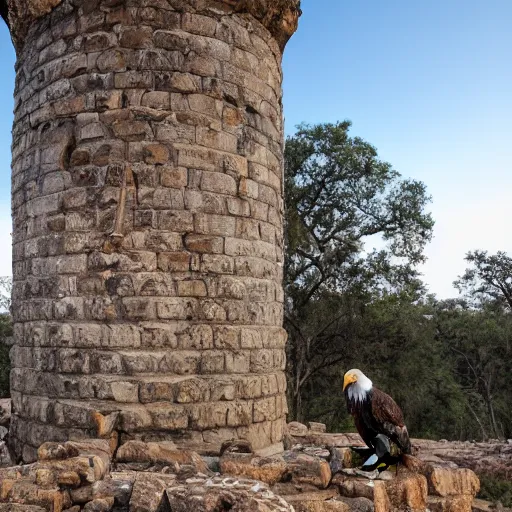 Image similar to eagle sitting on top of zimbabwe conical tower ruins, wide angle