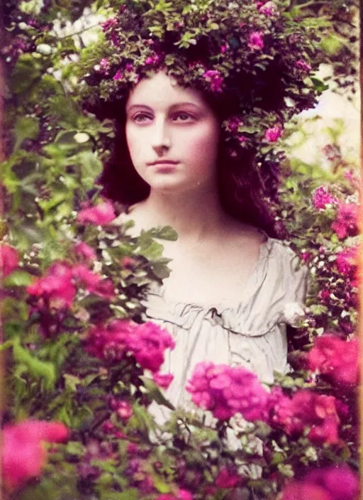 Image similar to portrait photograph of a very beautiful!!! modern female model. symetric face. in a garden. flowers. autochrome Louis Lumières. round detailed eyes!!!!. bokeh