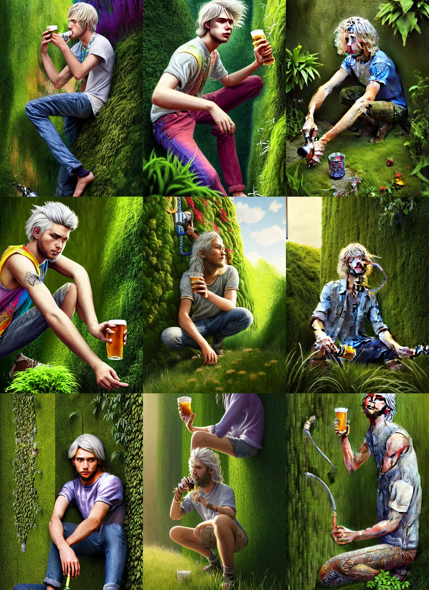 Prompt: a hippie young man, blonde and silver hair, crouching, drinking beer from a long vertical garden hose, colourful clothes, hyper realistic, extreme detail, grass, smooth, subtle shadows, fine details, octane render, stunning, intricate, elegant, highly detailed, digital portrait, artstation, smooth, sharp focus, raw, by greg rutkowski