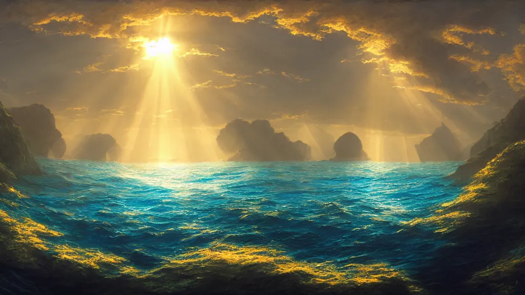 Image similar to underwater sea, summer, sun rays shining through the surface, dolphins swimming, peaceful, amazing, by andreas rocha and john howe, and Martin Johnson Heade, featured on artstation, featured on behance, golden ratio, ultrawide angle, f32, well composed