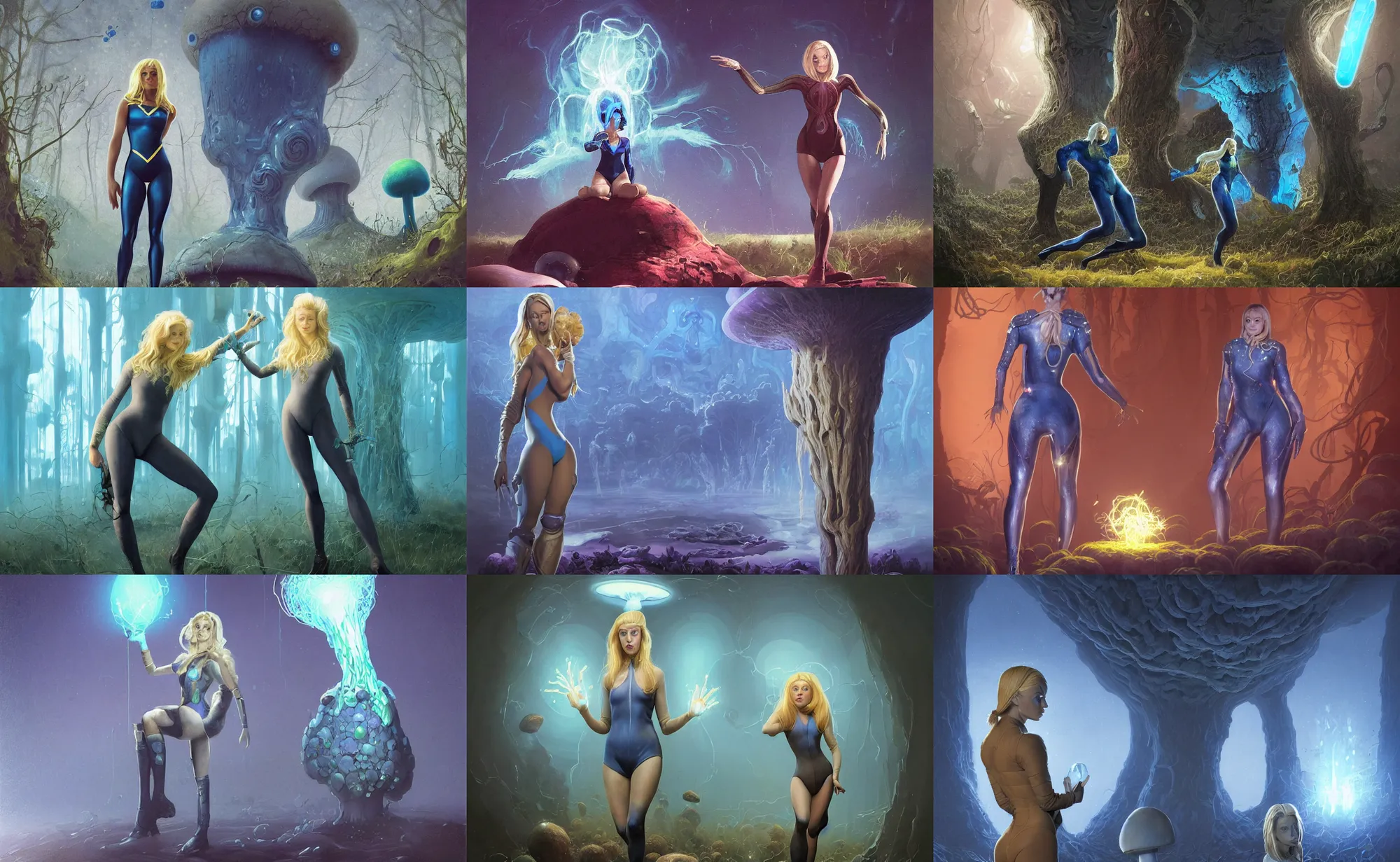 Prompt: A mixed media portrait painting of a beautiful blonde biologist woman, nanosuit leotard and boots, examining a giant blue glowing mushroom in a mire, detailed Aesthetic! face and eyes, slavic, by Beeple, Frank Frazetta, Greg Rutkowski, Christian MacNevin, Boris Vallejo, epic fantasy character art, high fantasy, CGsociety, exquisite detail, post-processing, masterpiece, cinematic, crysis