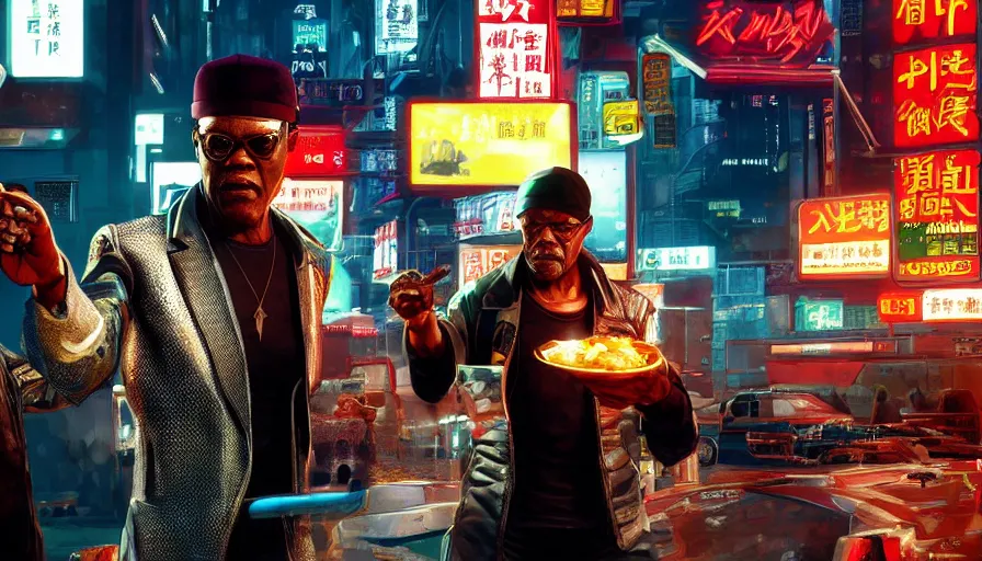 Image similar to samuel l jackson and johnny silverhand in night city eating chinese takeaway, cyberpunk 2 0 7 7, rendering, wallpaper, concept art, digital art