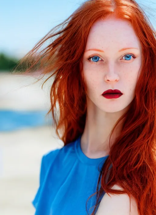 Image similar to close up portrait photograph of a thin young redhead woman with russian descent, sunbathed skin, with deep blue symmetrical!! eyes and Wavy long maroon colored hair who looks directly at the camera, with a Slightly open mouth, face takes up half of the photo. a park visible in the background. 55mm nikon. Intricate. Very detailed 8k texture. Sharp. Cinematic post-processing. Award winning portrait photography. Sharp eyes.