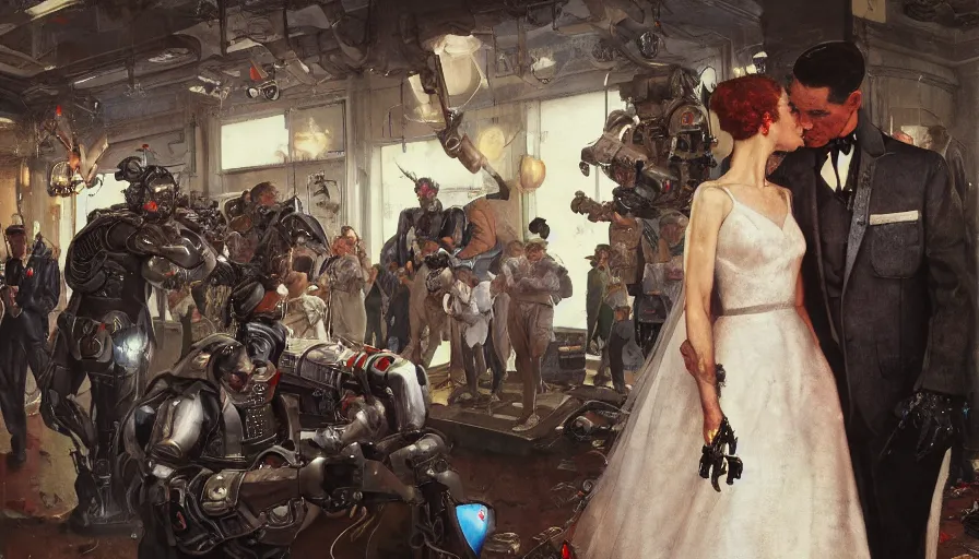 Prompt: A Norman Rockwell painting of cyborg wedding 2050s, amazing composition, cinematic lighting, high resolution, octane rendered, unreal engine, illustration, trending on artstation, masterpiece, 8k