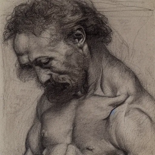 Prompt: Red chalk drawing study of a man, musculature, by Michelangelo, Rubens, 17th-century, old paper, spontaneous linework, academic pose, highly masterful, detailed