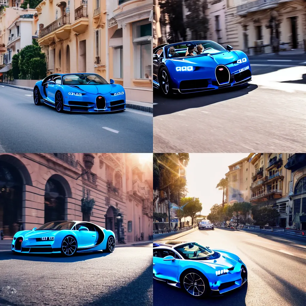 Prompt: High quality DSLR photo of a blue convertible Bugatti Chiron driving in the streets of Monaco at dawn, warm lighting, long shadows, beams of sunlight