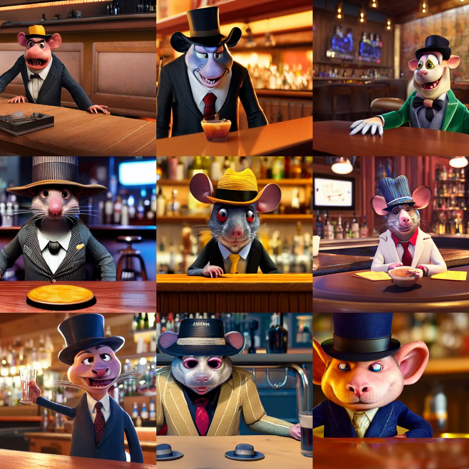 Prompt: A still of a male rat wearing a pinstriped suit and mafia-style hat, sitting at a bar in an animated Disney Pixar movie, 35mm f2.8, 4k, artstation, PBR materials, Pixar renderman render