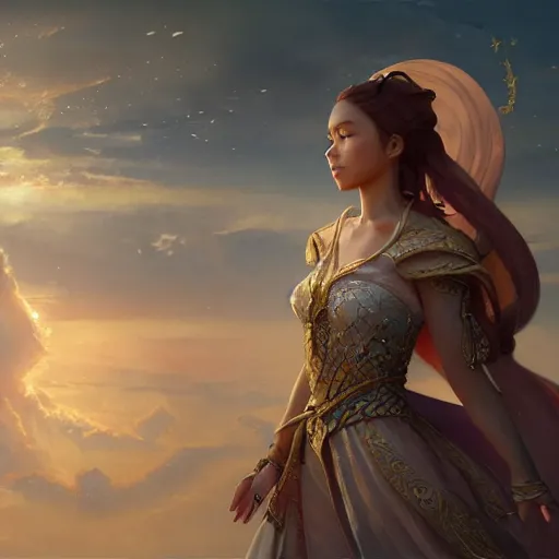 Image similar to princess yuna, posing heroically, heavenly, full body close-up shot, elegant, realistic character concept, high fantasy, light atmosphere, golden ratio, cinematic lighting, hyperdetailed, high resolution, insanely detailed and intricate, artstation, Marc Simonetti, Greg Rutkowski, octane render, 8k