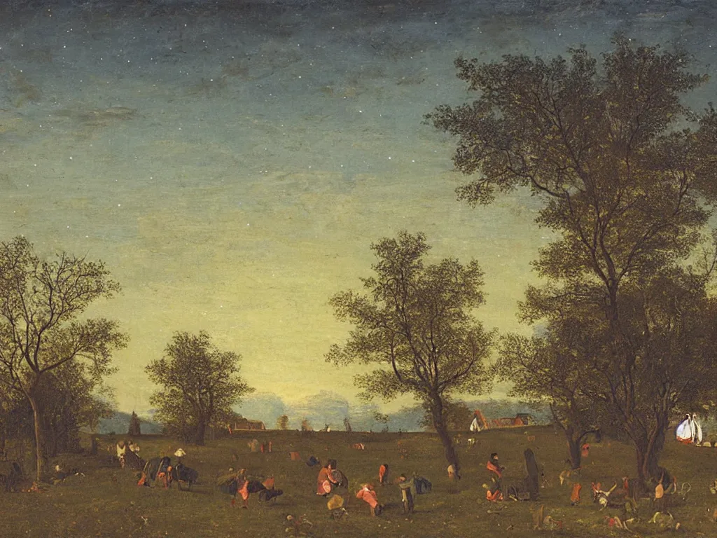 Image similar to Night with comet in the orchard. Painting by William de Nuncques