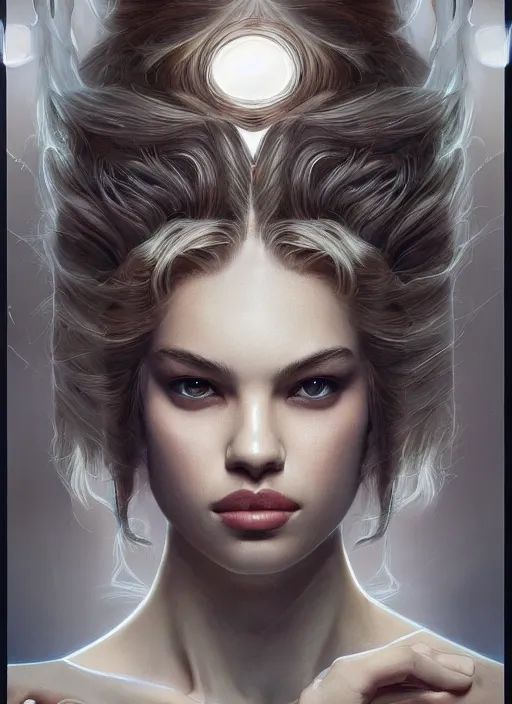Image similar to symmetry!! hailey clauson, machine parts embedded into face, intricate, elegant, highly detailed, digital painting, artstation, concept art, smooth, sharp focus, illustration, art by artgerm and greg rutkowski and alphonse mucha, 8 k