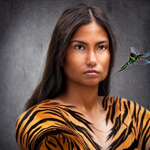 Prompt: a majestic brown warrior woman wearing a dragonfly armor. woman is face to face with a tiger. studio portrait. photorealistic.