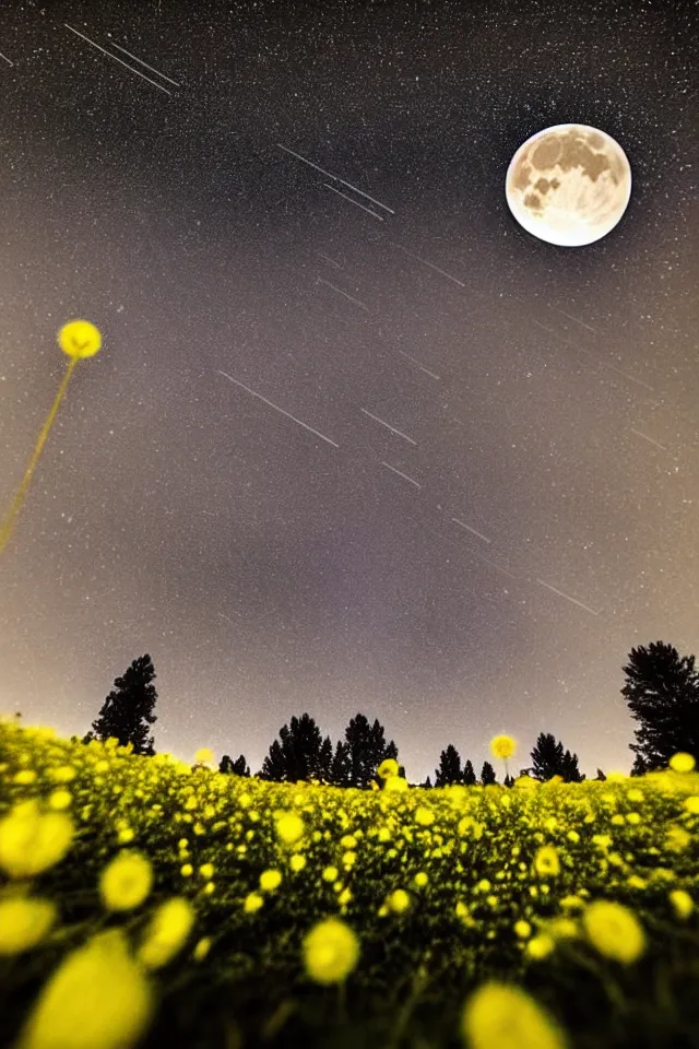 Prompt: low angle, shot from below. two very large moons in night sky. long exposure milky way in the night sky. meteor shower. field of big frozen yellow flowers. f 1. 8 lens, lens flare, bokeh. long exposure. high detail