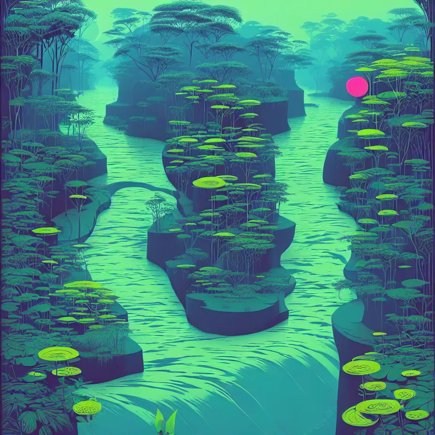 Image similar to ( ( ( gediminas pranckevicius ) ) ), river flow through borneo jungle, summer morning, very coherent and colorful high contrast art by james gilleard floralpunk screen printing woodblock, dark shadows, pastel color, hard lighting