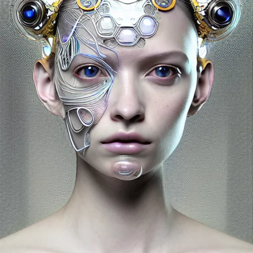 Prompt: portrait of an absurdly beautiful, graceful, sophisticated, fashionable cyberpunk mechanoid, hyperdetailed illustration by irakli nadar, matt wisniewski style, intricate linework, white porcelain skin, iridescent fractal headdress, day - glow facepaint, jellyfish ruff neckware, unreal engine 5 highly rendered, global illumination, radiant light, detailed and intricate environment