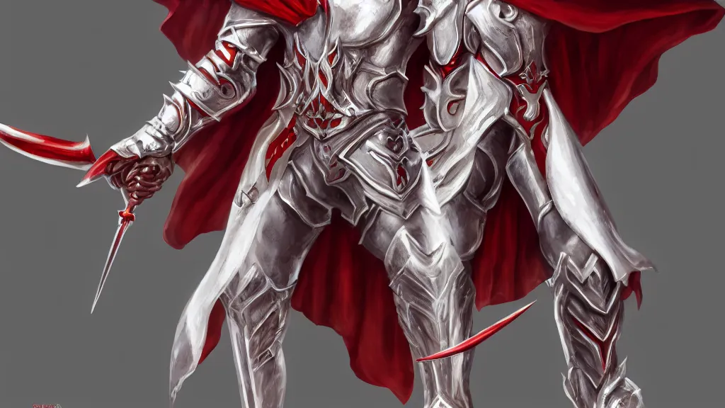 Image similar to male angel, flame sword, white metallic armor, red cape, detailed arms, intricate white armor, two arms, two legs, detailed fanart, rpg art, d&d art, macro art, digital art, DeviantArt, artstation, 8k HD